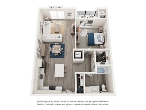 Floor plan for 1 bed, 1 bath, 835 sqft